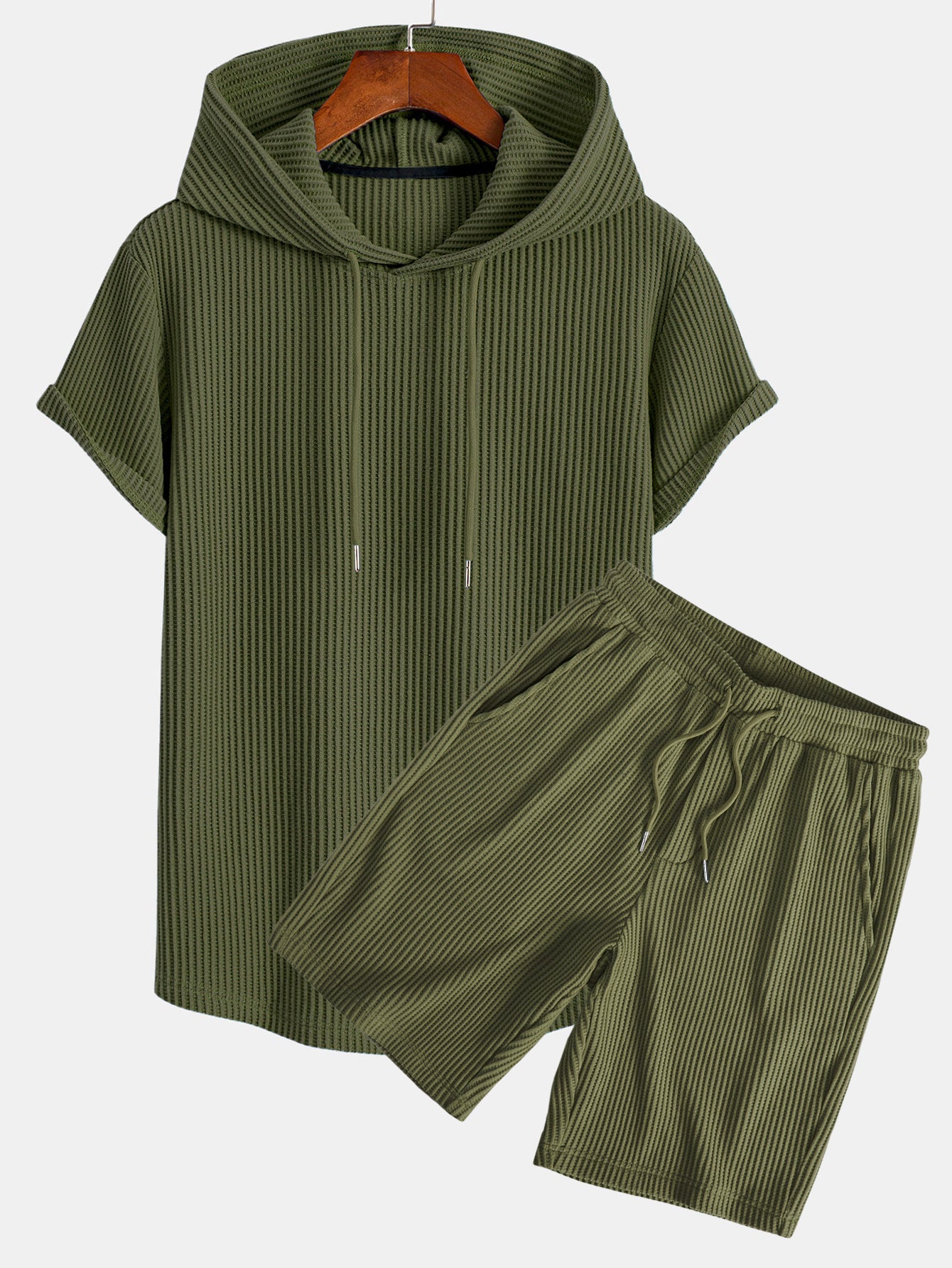 Waffle Knit Hooded T-Shirt with Arc Hem & Drawstring Waffle Shorts