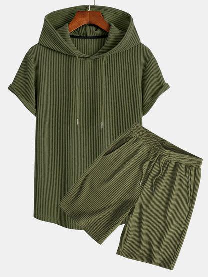 Waffle Knit Hooded T-Shirt with Arc Hem & Drawstring Waffle Shorts