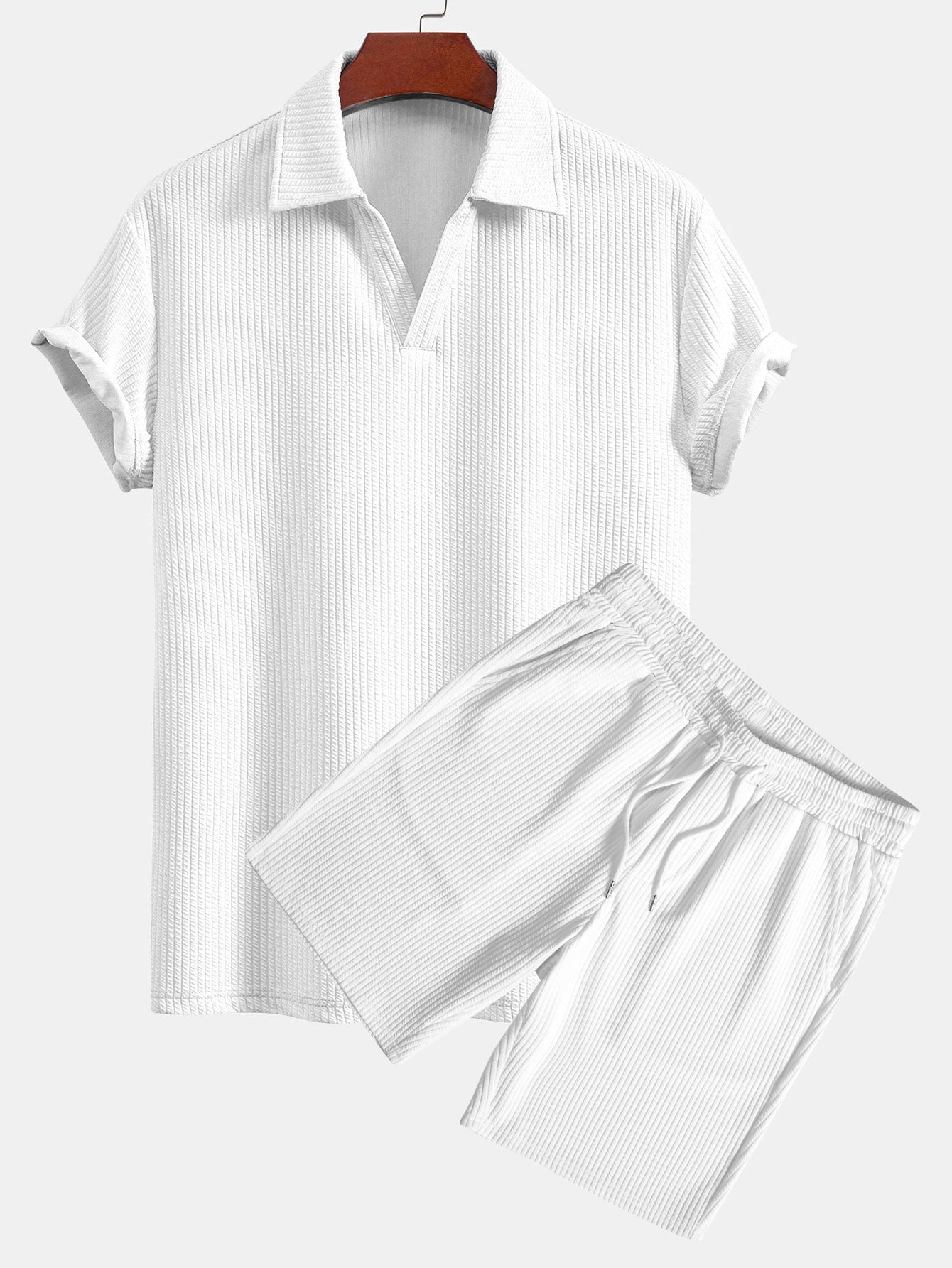 V-Neck Ribbed Polo with Short Sleeves & Drawstring Ribbed Shorts