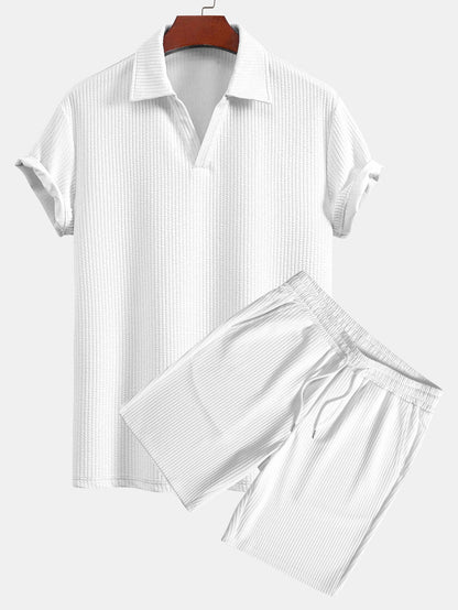 V-Neck Ribbed Polo with Short Sleeves & Drawstring Ribbed Shorts