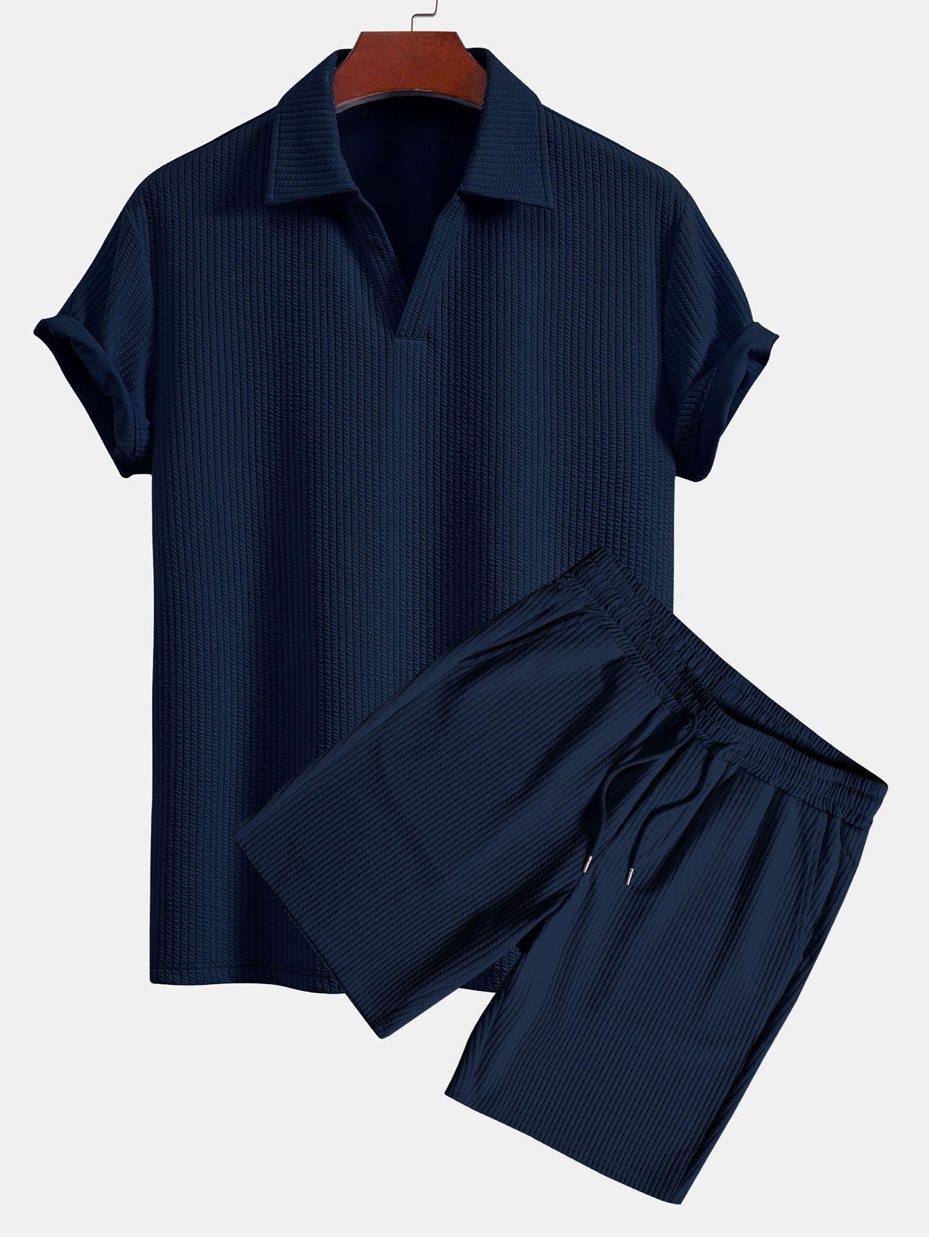 V-Neck Ribbed Polo with Short Sleeves & Drawstring Ribbed Shorts