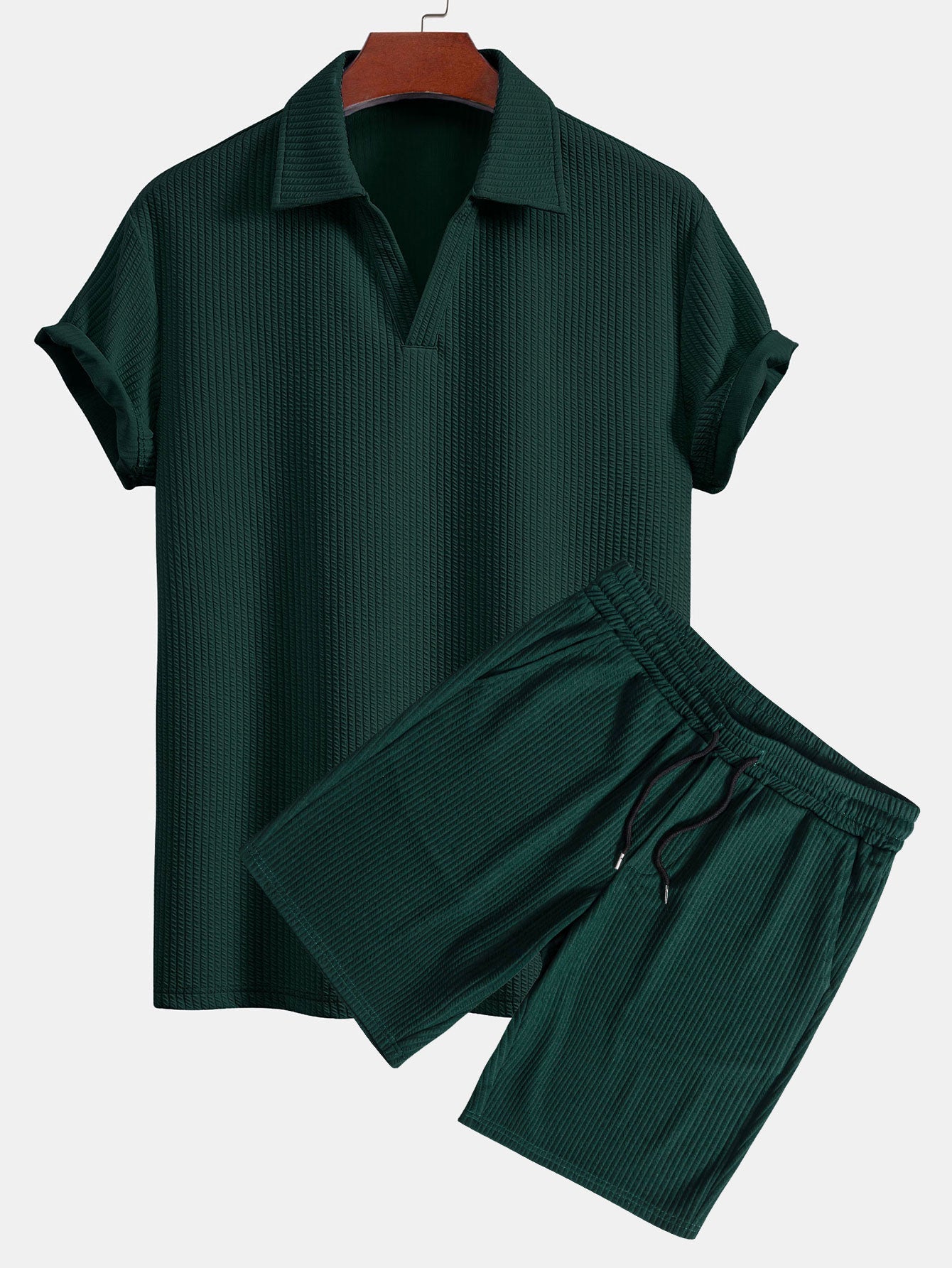 V-Neck Ribbed Polo with Short Sleeves & Drawstring Ribbed Shorts