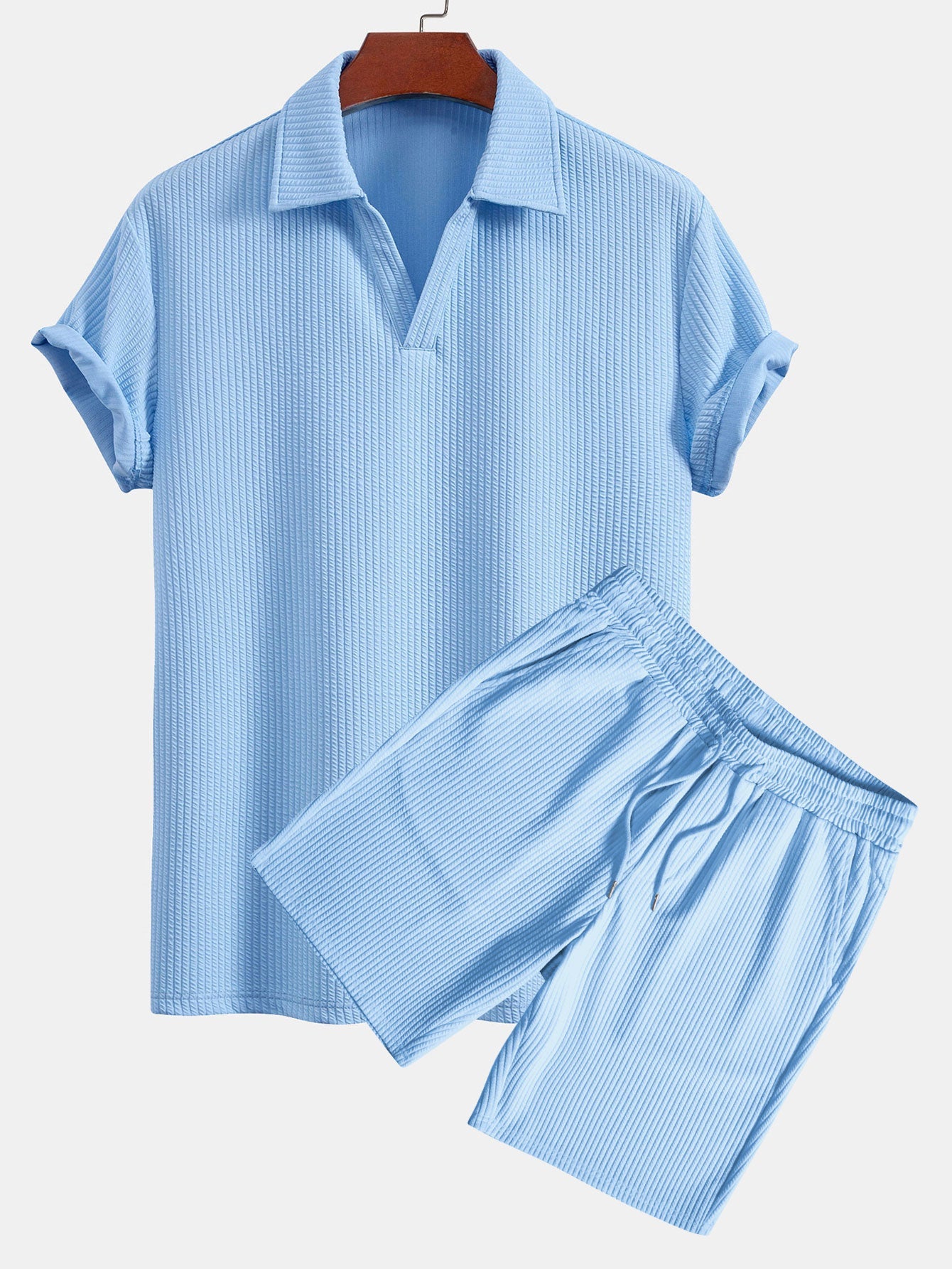 V-Neck Ribbed Polo with Short Sleeves & Drawstring Ribbed Shorts