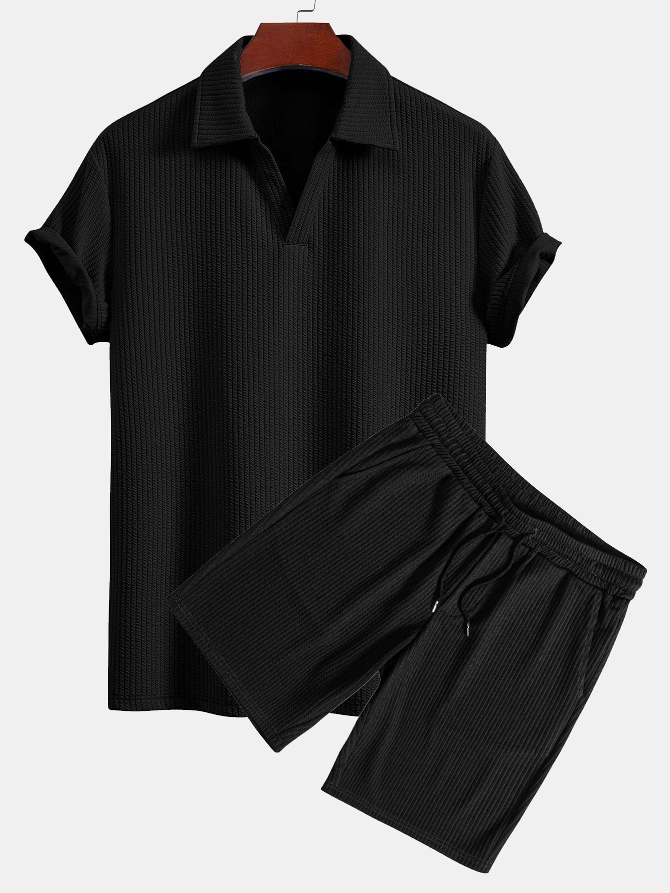 V-Neck Ribbed Polo with Short Sleeves & Drawstring Ribbed Shorts