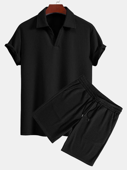 V-Neck Ribbed Polo with Short Sleeves & Drawstring Ribbed Shorts