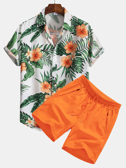 Tropical Print Button-Up Shirt with Matching Swim Shorts