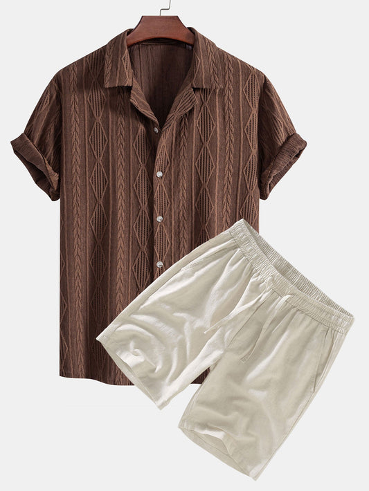 Geometric Jacquard Cuban Shirt with Linen Drawstring Shorts