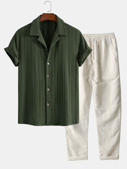 Textured Jacquard Cuban Shirt with Straight-Leg Linen Trousers