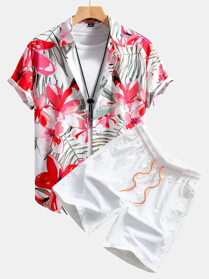 Floral Print Button-Up Shirt & Swim Shorts Set