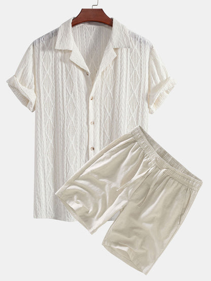 Geometric Jacquard Cuban Collar Shirt with Linen Drawstring Shorts