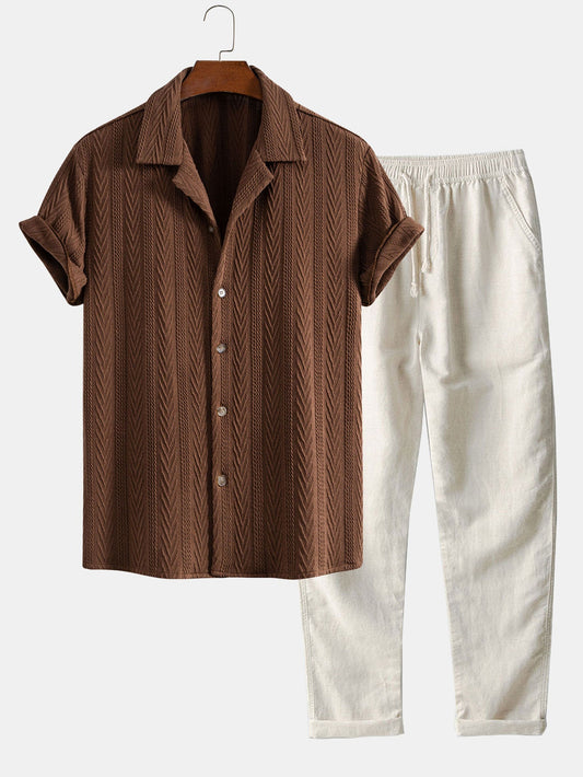 Textured Jacquard Cuban Shirt with Straight-Leg Linen Trousers