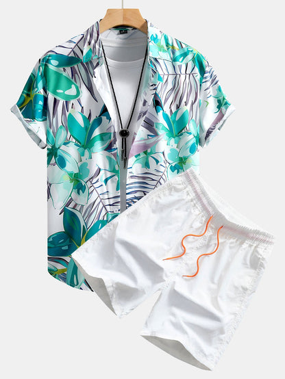 Floral Print Button-Up Shirt & Swim Shorts Set