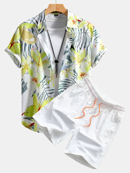 Floral Print Button-Up Shirt & Swim Shorts Set