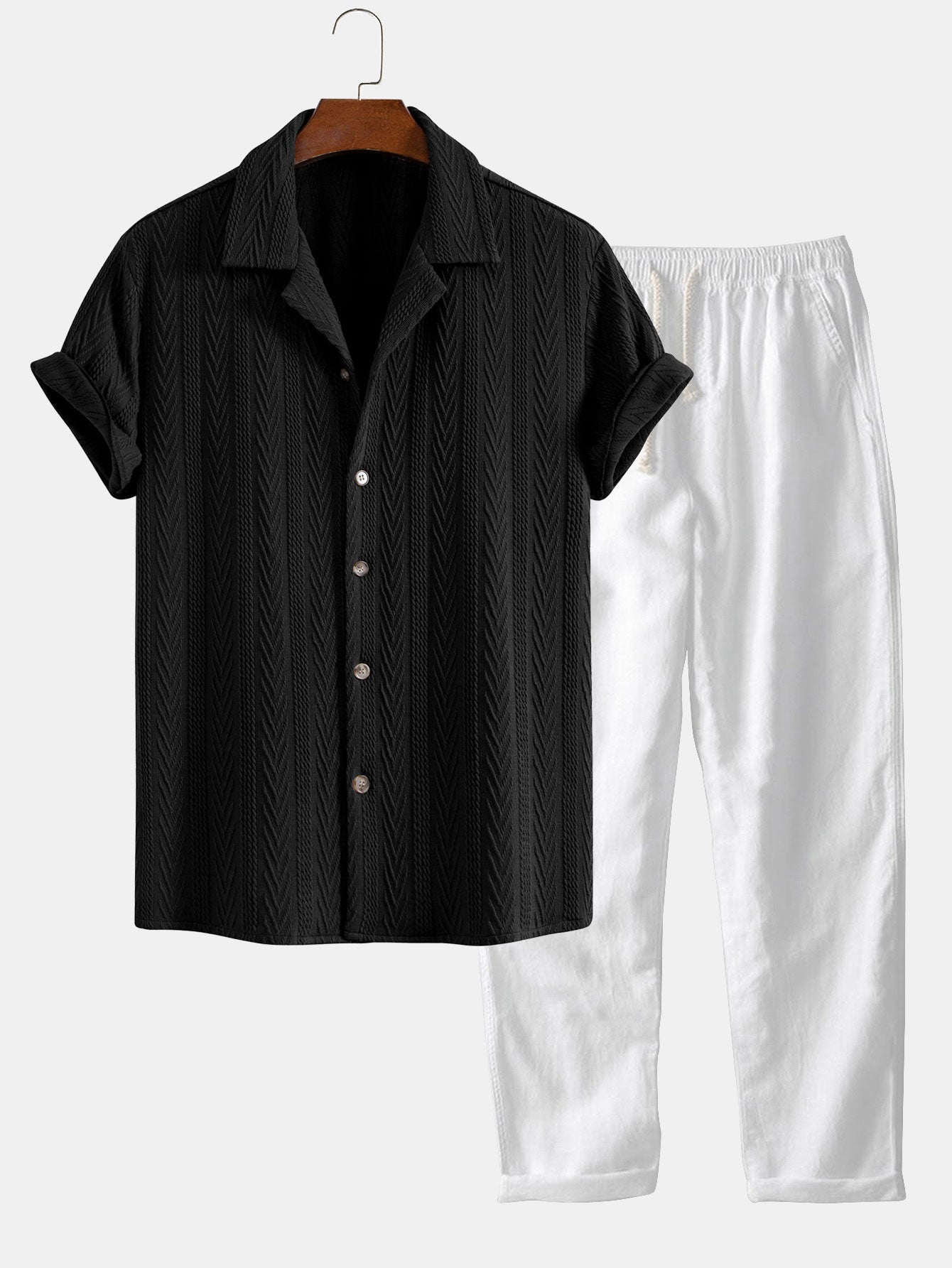 Textured Jacquard Cuban Shirt with Straight-Leg Linen Trousers