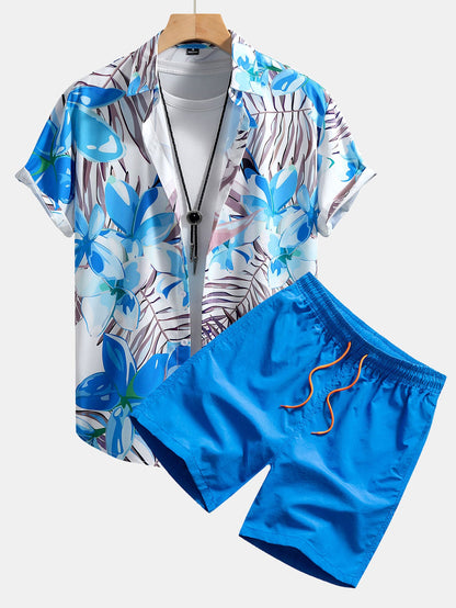 Floral Print Button-Up Shirt & Swim Shorts Set