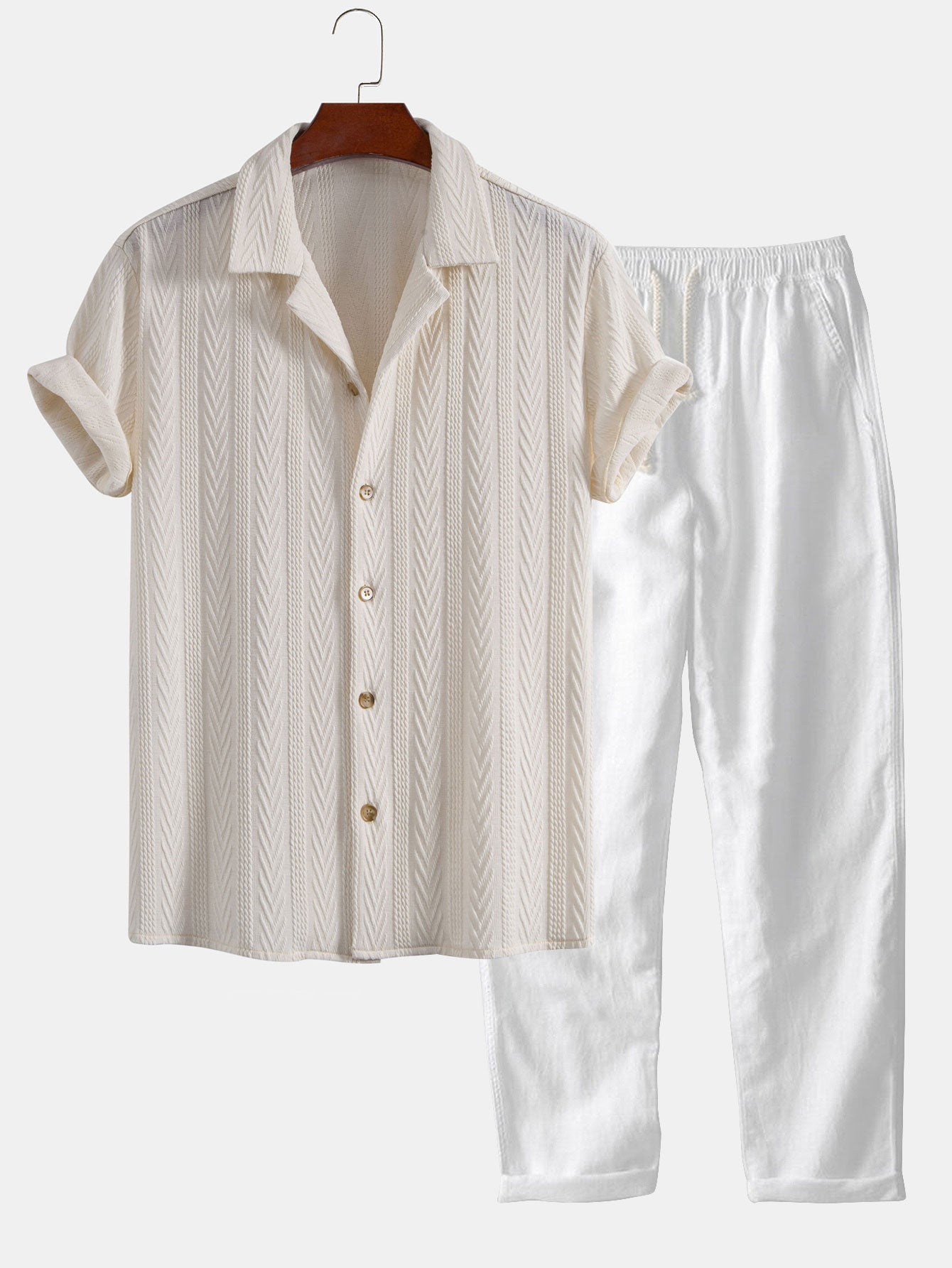 Textured Jacquard Cuban Shirt with Straight-Leg Linen Trousers