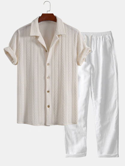 Textured Jacquard Cuban Shirt with Straight-Leg Linen Trousers
