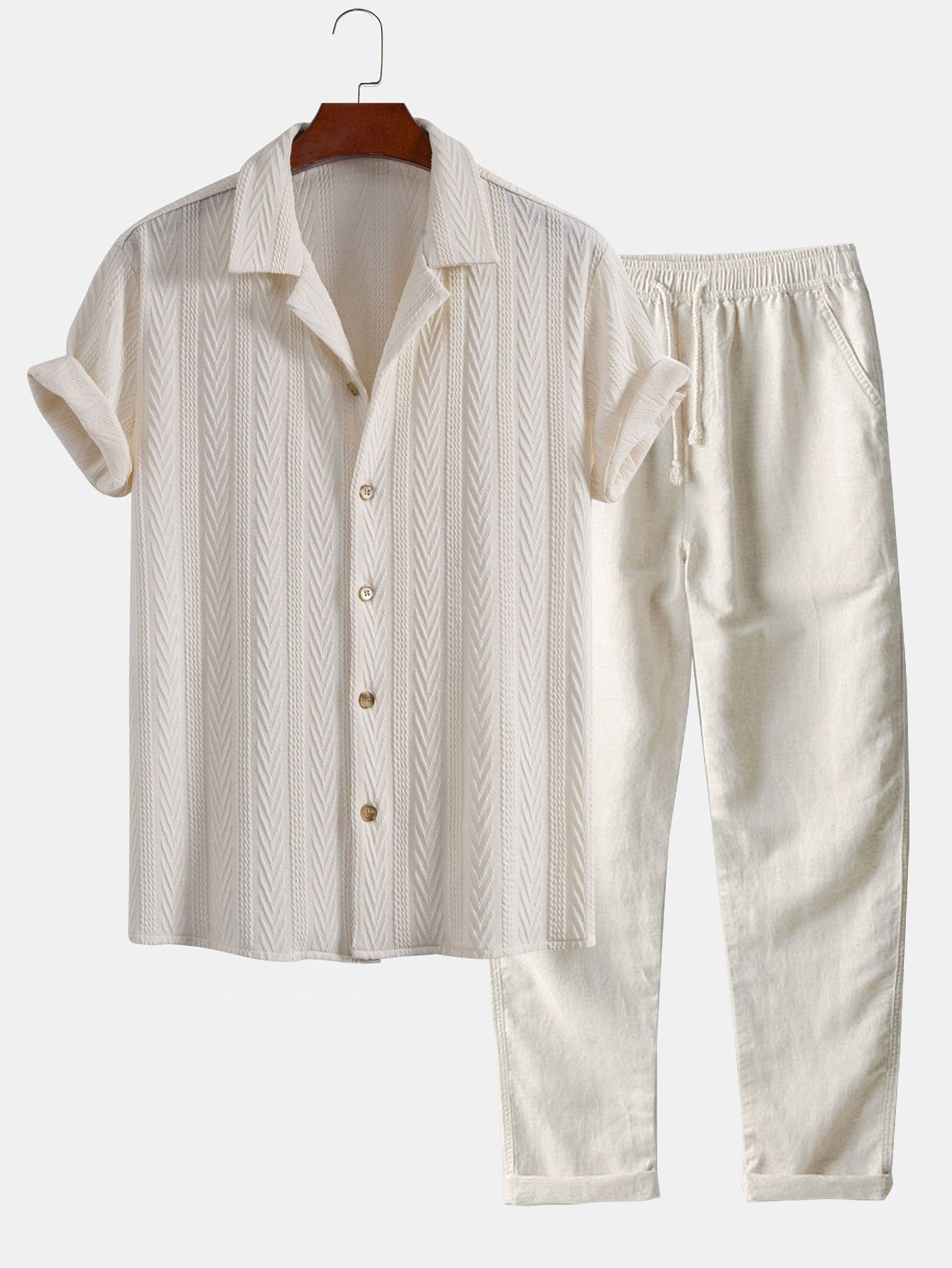 Textured Jacquard Cuban Shirt with Straight-Leg Linen Trousers