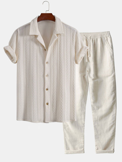 Textured Jacquard Cuban Shirt with Straight-Leg Linen Trousers