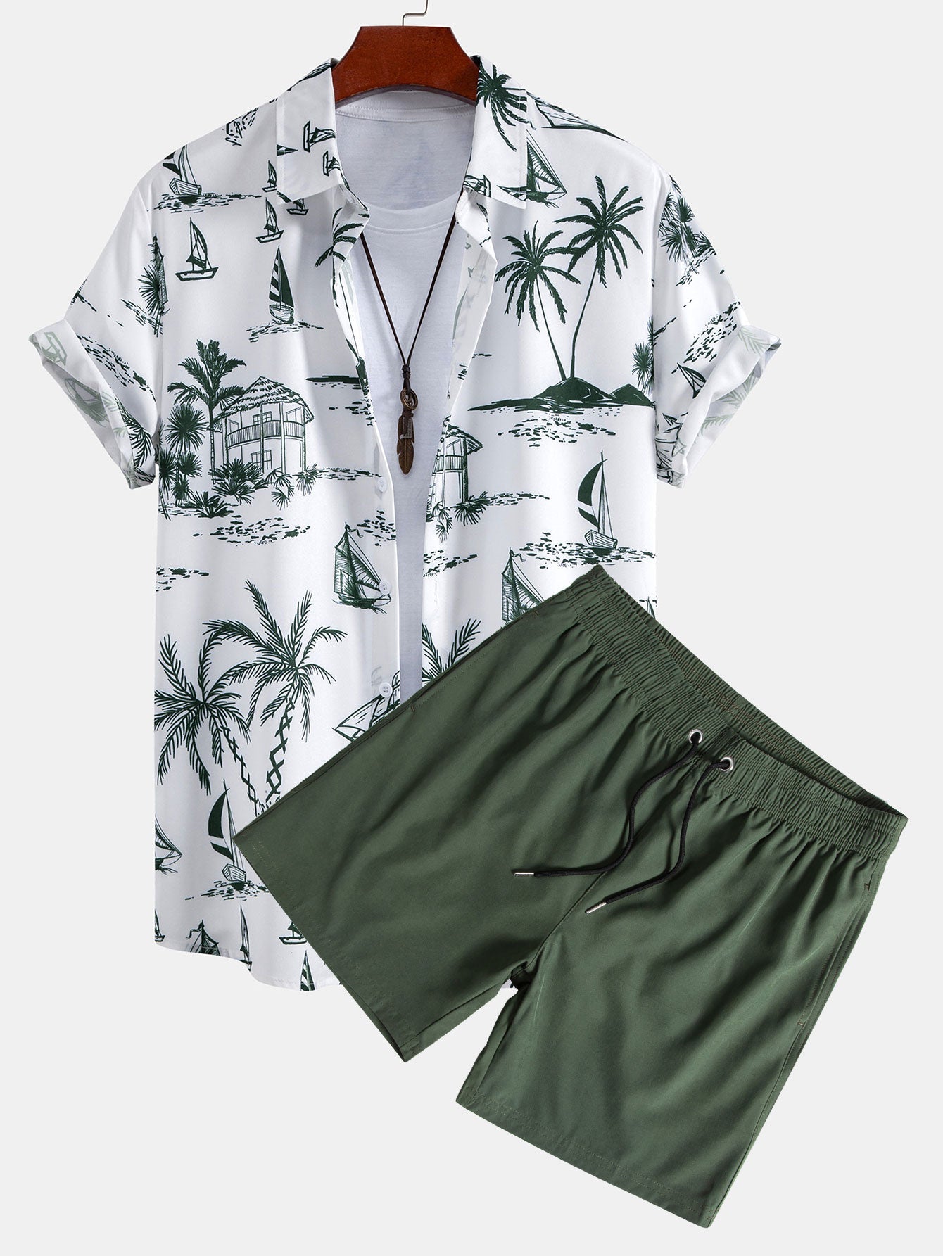 Island-Inspired Sailing Print Button-Up Shirt with Solid Drawstring Swim Shorts