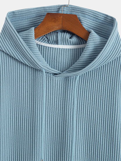 Waffle Knit Hooded T-Shirt with Arc Hem & Drawstring Waffle Shorts