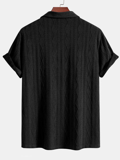 Jacquard Cuban Shirt with Knitted Geometric Rhombus Design