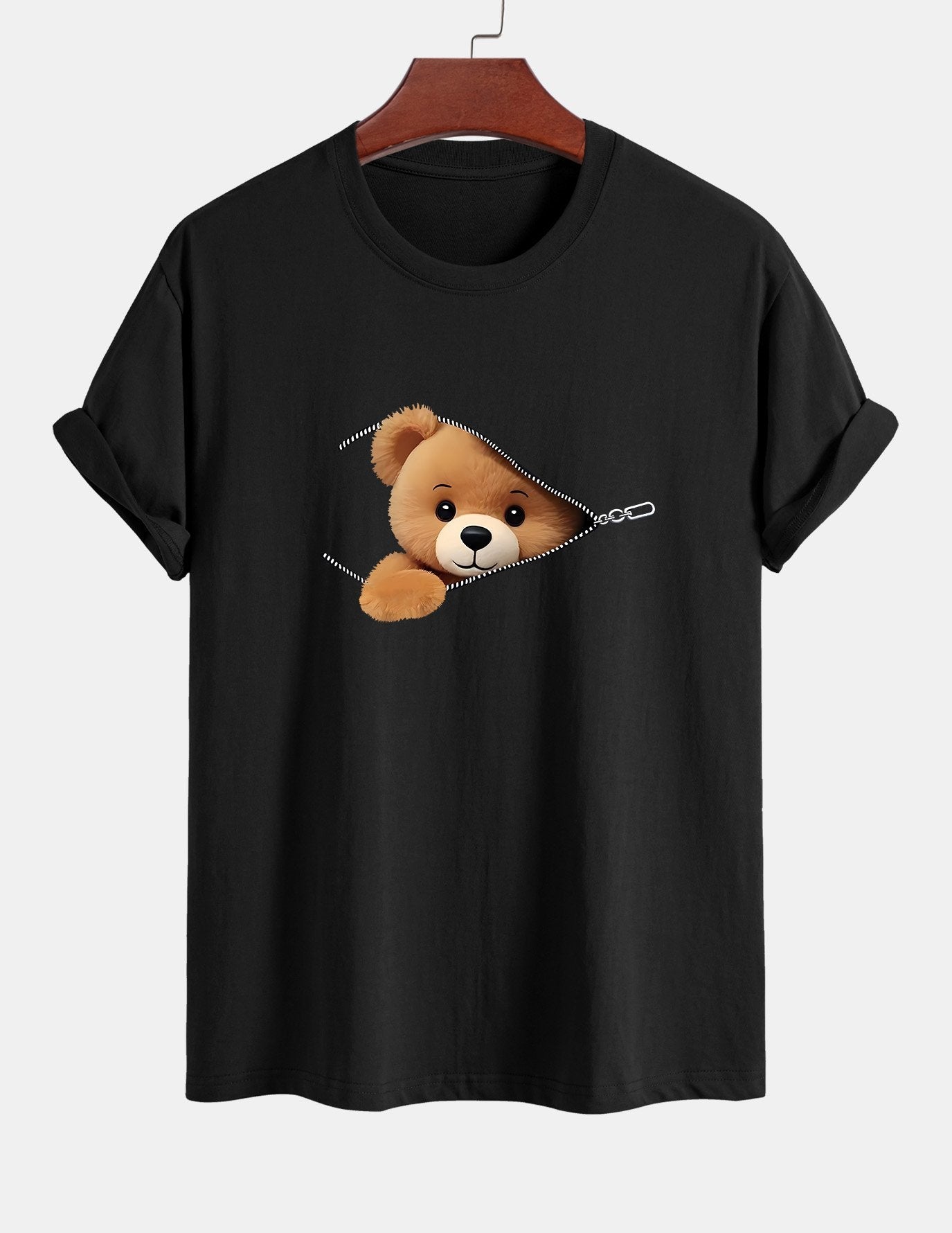 Classic Fit Cotton T-Shirt with Zipper and Bear Print