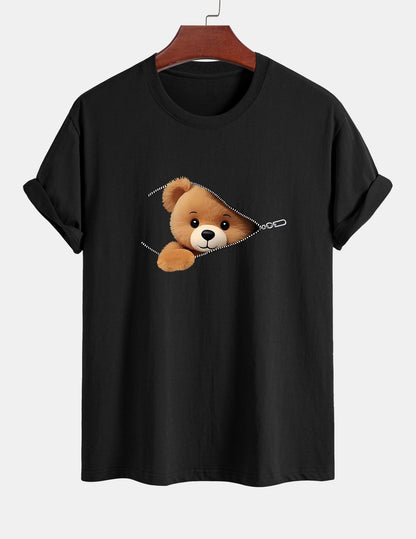 Classic Fit Cotton T-Shirt with Zipper and Bear Print