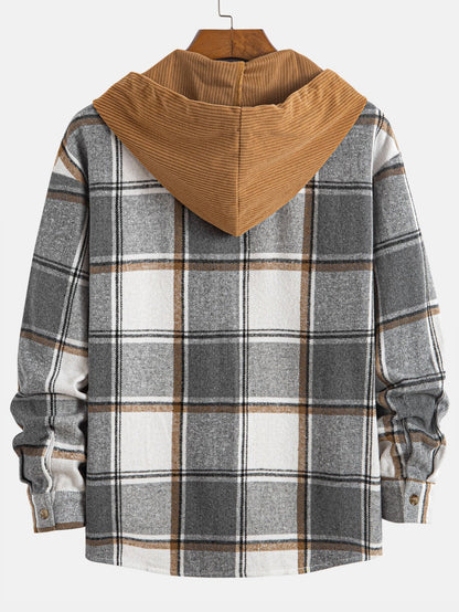 Comfortable Contrast Corduroy Plaid Hooded Shirt
