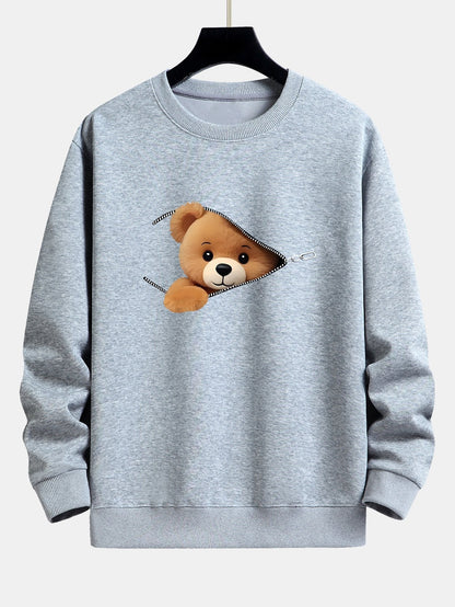 Relaxed Fit Sweatshirt with Zipper and Bear Print