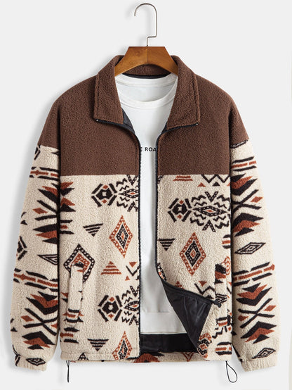 Aztec Patterned Patchwork Teddy Fleece Jacket