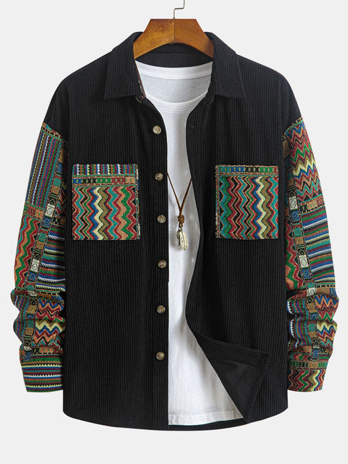 Relaxed Fit Ethnic Geometric Corduroy Patchwork Shirt - Unique Random Pattern Design