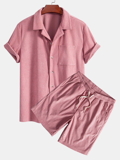 Corduroy Cuban Shirt and Shorts Set with Short Sleeves