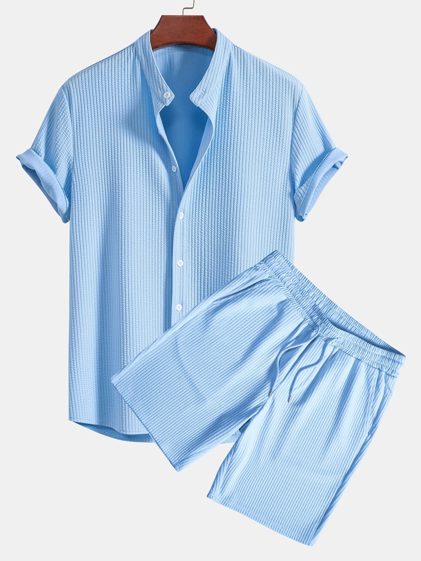 Ribbed Muscle Fit Stand Collar Shirt and Shorts Set
