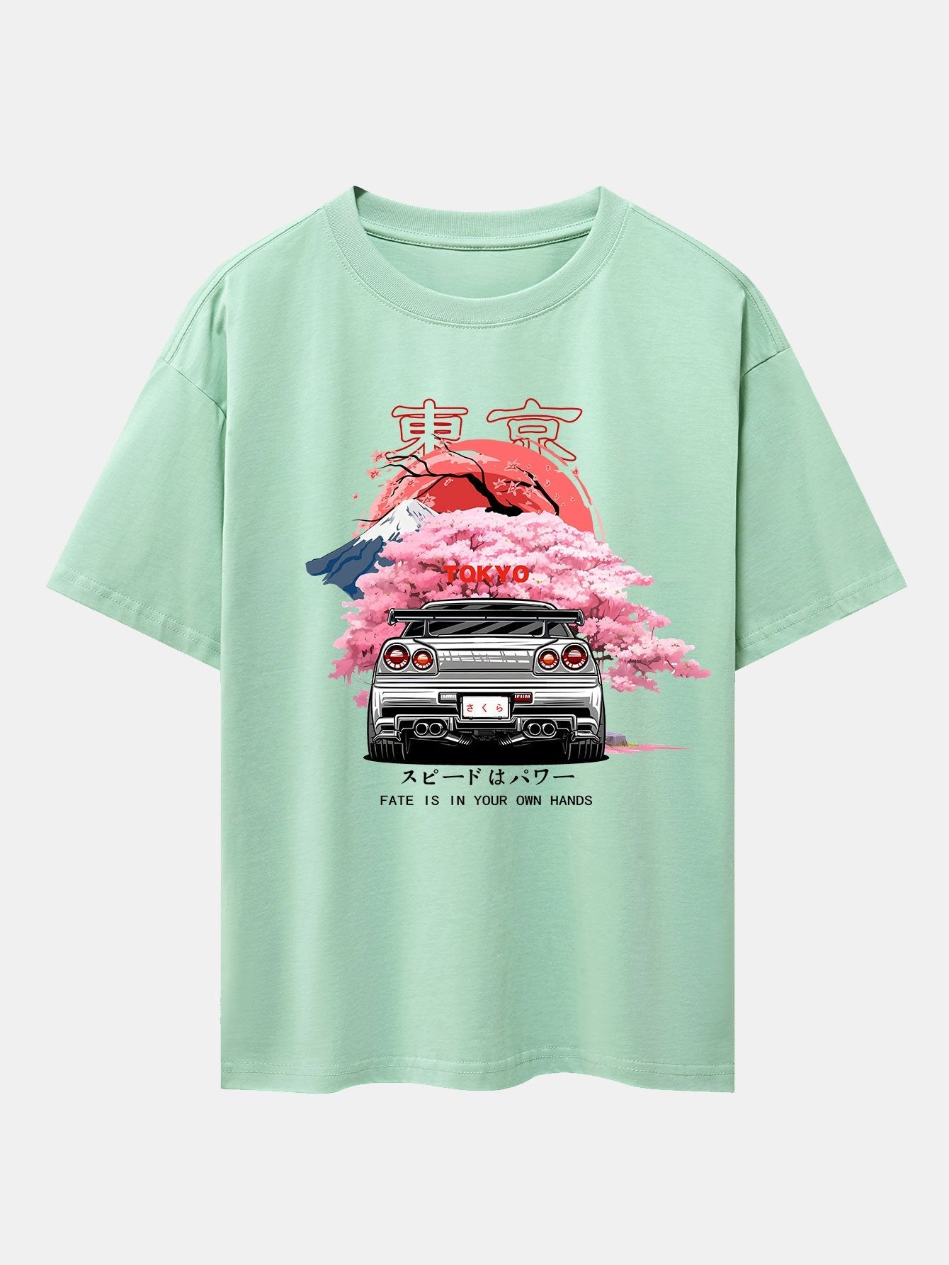 Oversized Drop Shoulder T-Shirt with Tokyo Cherry Blossom Car Print