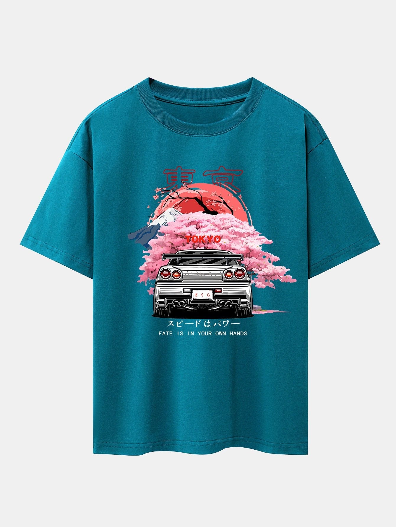 Oversized Drop Shoulder T-Shirt with Tokyo Cherry Blossom Car Print