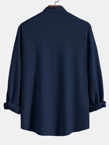 Ribbed Stand Collar Shirt with Long Sleeves and Muscle Fit