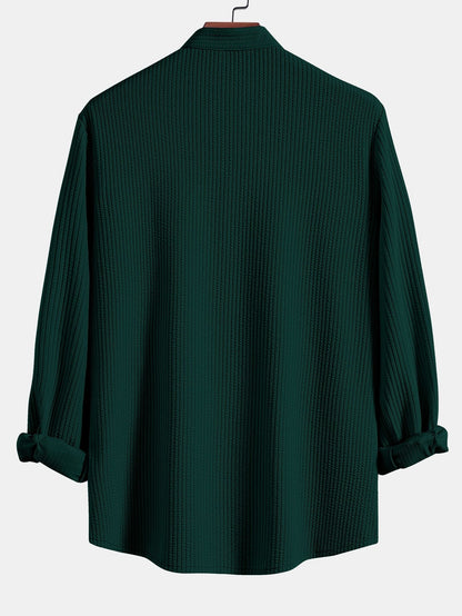 Ribbed Stand Collar Shirt with Long Sleeve and Muscle Fit