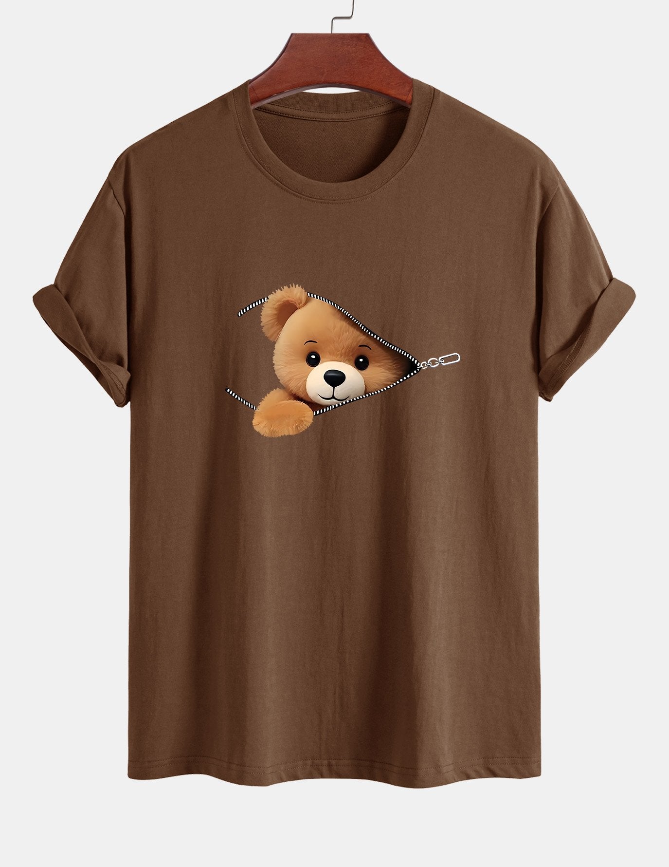 Classic Fit Cotton T-Shirt with Zipper and Bear Print