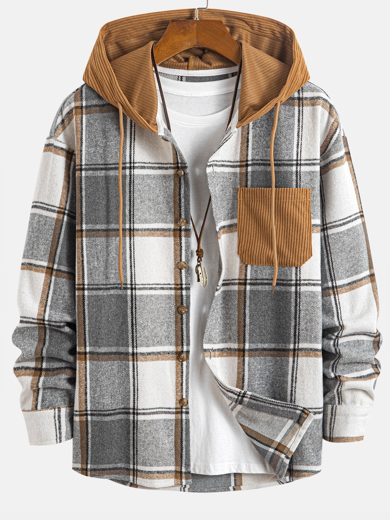 Comfortable Contrast Corduroy Plaid Hooded Shirt