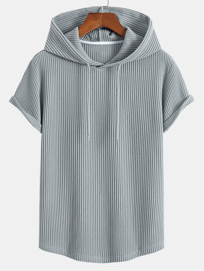 Waffle Knit Hooded T-Shirt with Arc Hem & Drawstring Waffle Shorts