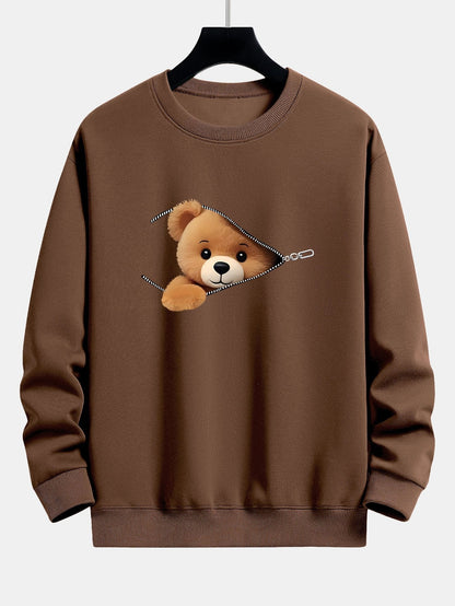 Relaxed Fit Sweatshirt with Zipper and Bear Print