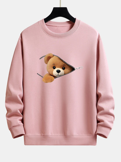 Relaxed Fit Sweatshirt with Zipper and Bear Print
