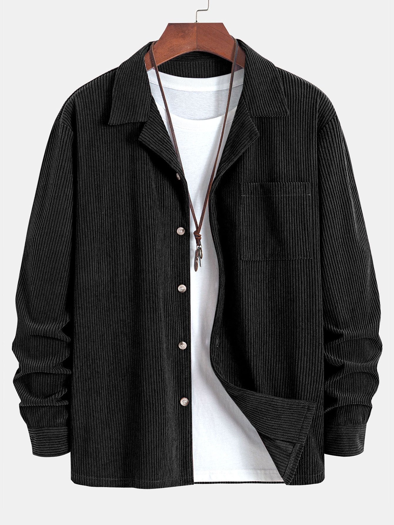 Corduroy Cuban Collar Shirt with Long Sleeves