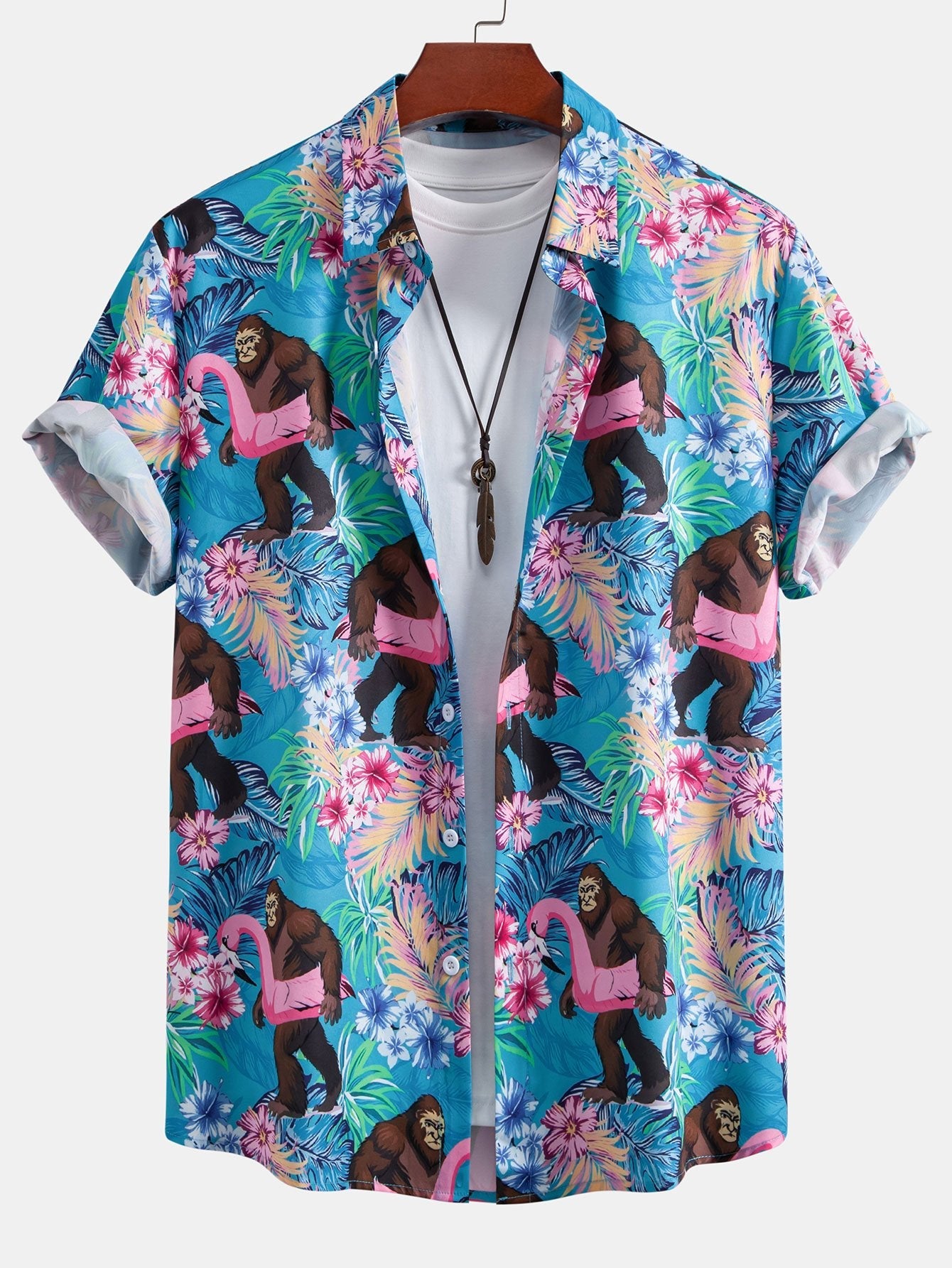 Tropical Print Button-Up Shirt & Swim Shorts Featuring Orangutans