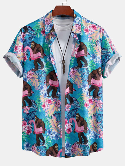 Tropical Print Button-Up Shirt & Swim Shorts Featuring Orangutans