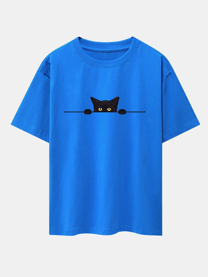 Oversized Drop Shoulder T-Shirt with Black Cat Print