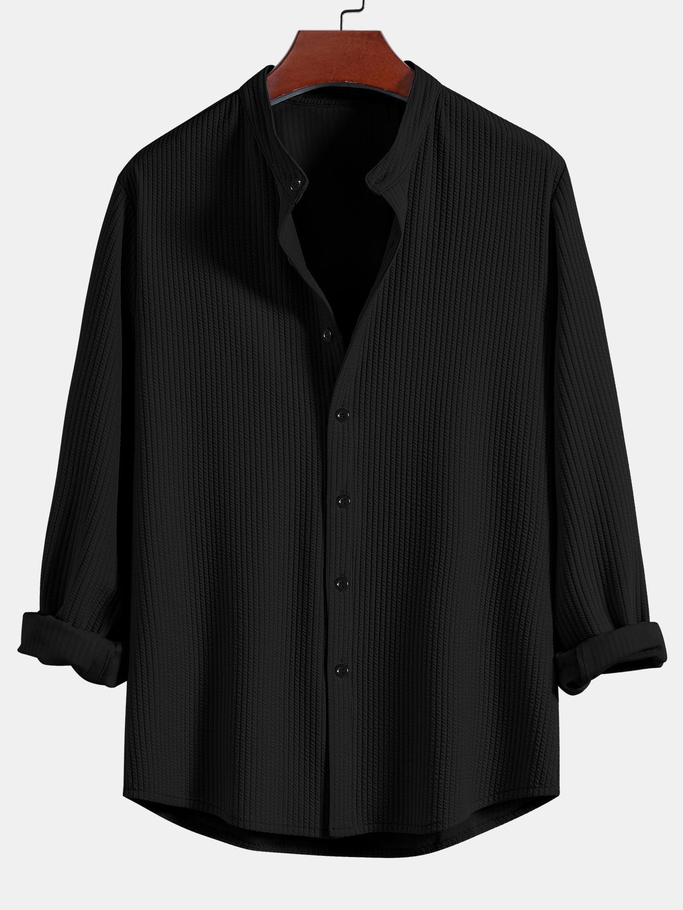 Ribbed Stand Collar Shirt with Long Sleeves and Muscle Fit