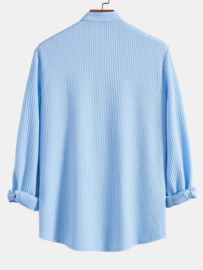 Ribbed Stand Collar Shirt with Long Sleeves and Muscle Fit