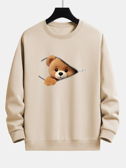 Relaxed Fit Sweatshirt with Zipper and Bear Print
